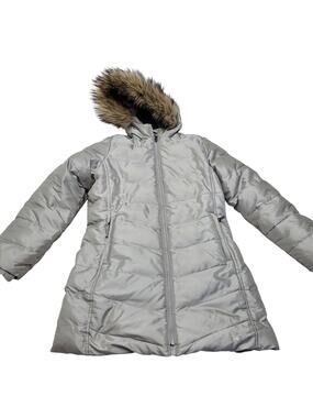 Lands End silver down alternative long puffer jacket winter coat fur